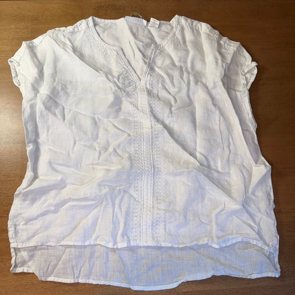 House of Harlow 1960 White 100% Linen Embroidered V-Neck Blouse Top Large
